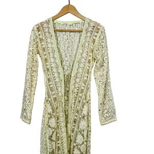 Lace Robe Dress Sequin Long Sleeve Floral Tie Front Split Midi Length - 40